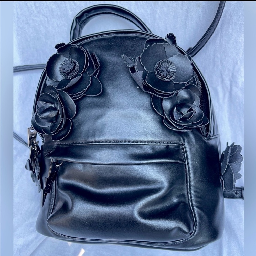 Betsey Johnson Black Mini Backpack Floral Lining Faux Leather
